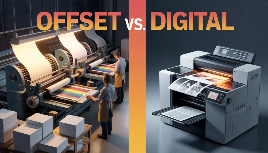 Offset vs. Digital Printing — close-up flat lay of two printed brochures with printing tools and orange accent lighting on dark background.