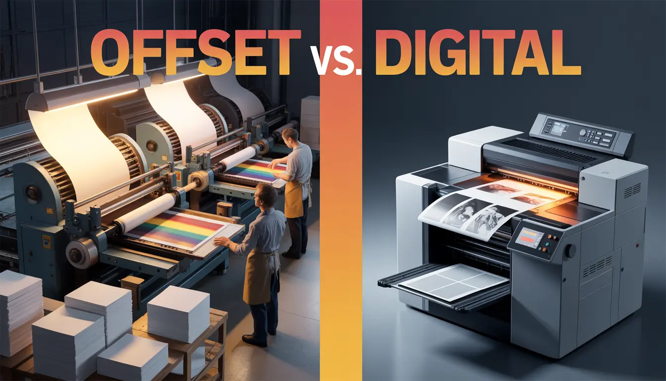 Offset vs. Digital Printing — close-up flat lay of two printed brochures with printing tools and orange accent lighting on dark background.