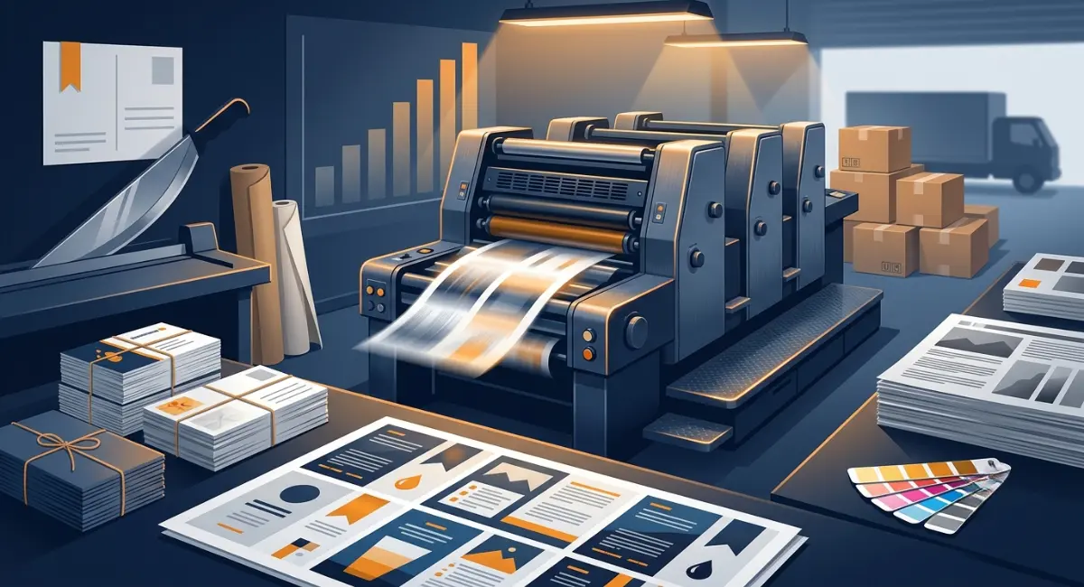 Bulk commercial printing press illustration showing cost-saving strategies for business printing.
