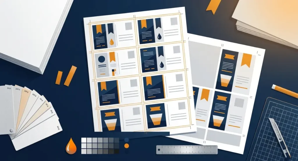 Efficient print layout design showing 8-up imposition to reduce bulk printing costs.