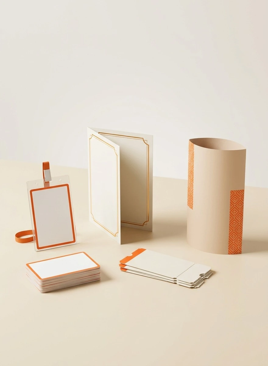 Event and entertainment printing services by Printfo — custom ID cards, invitation cards, and entrance tickets with orange brand accents