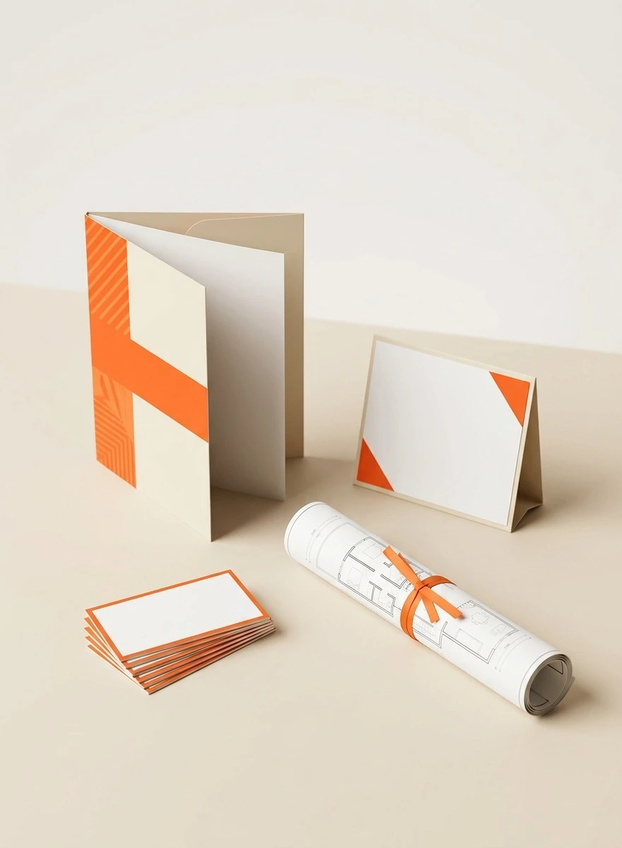Real estate printing services by Printfo — custom property brochures, agent business cards, flyers, and floor plans with orange brand accents