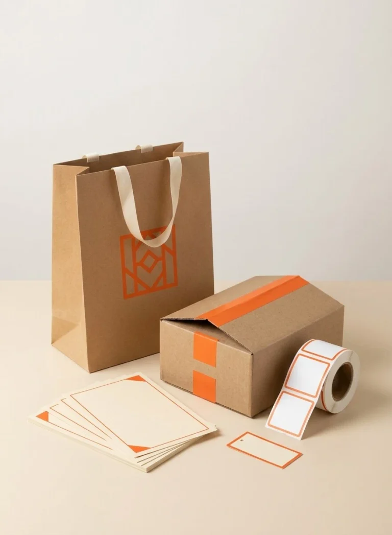 Retail and e-commerce printing by Printfo — custom shopping bags, shipping boxes, thank-you cards, and branded stickers with orange brand accents