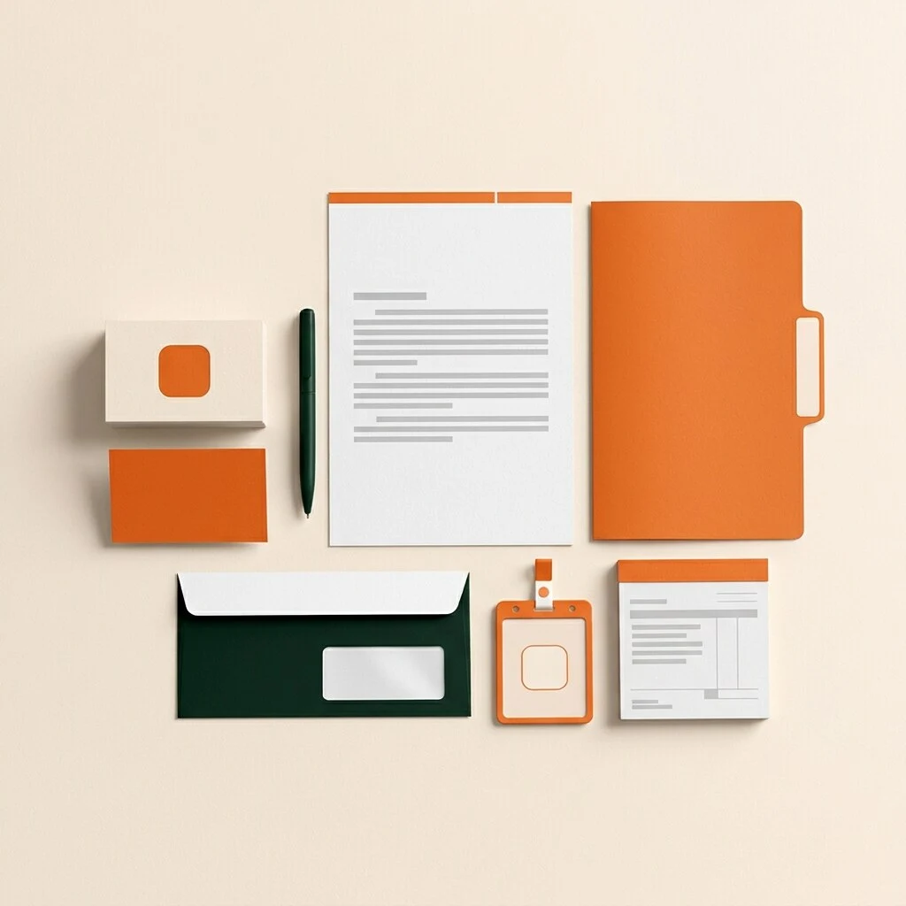 Corporate stationery set with business cards, letterhead, envelope, ID card, cash memo pad and file folder