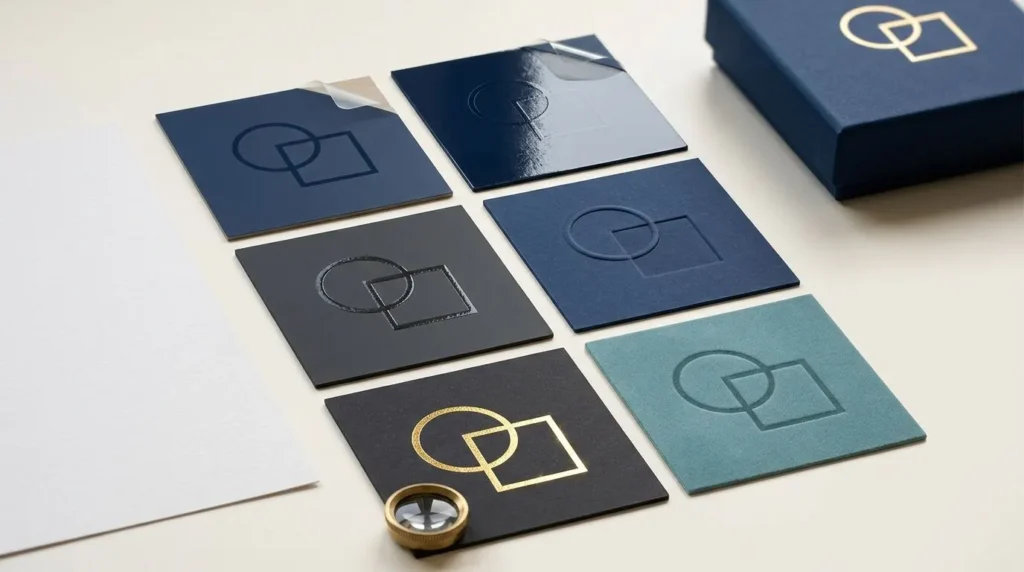 Six card samples showing matte lamination, gloss lamination, spot UV, embossing and debossing, foil stamping and soft-touch coating