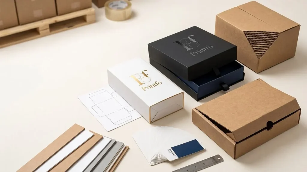 Custom packaging boxes in kraft, folding carton and rigid styles beside material samples, a Pantone swatch fan and a dieline sheet
