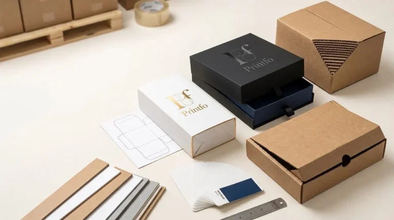 Custom packaging boxes in kraft, folding carton and rigid styles beside material samples, a Pantone swatch fan and a dieline sheet