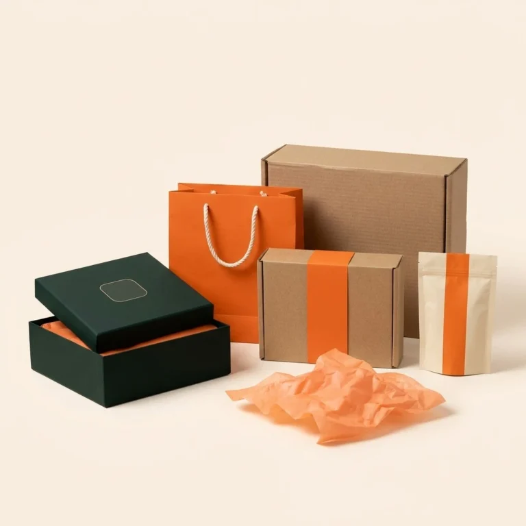 Custom packaging set with rigid gift box, paper shopping bag, kraft mailer box, pouch and corrugated shipping box