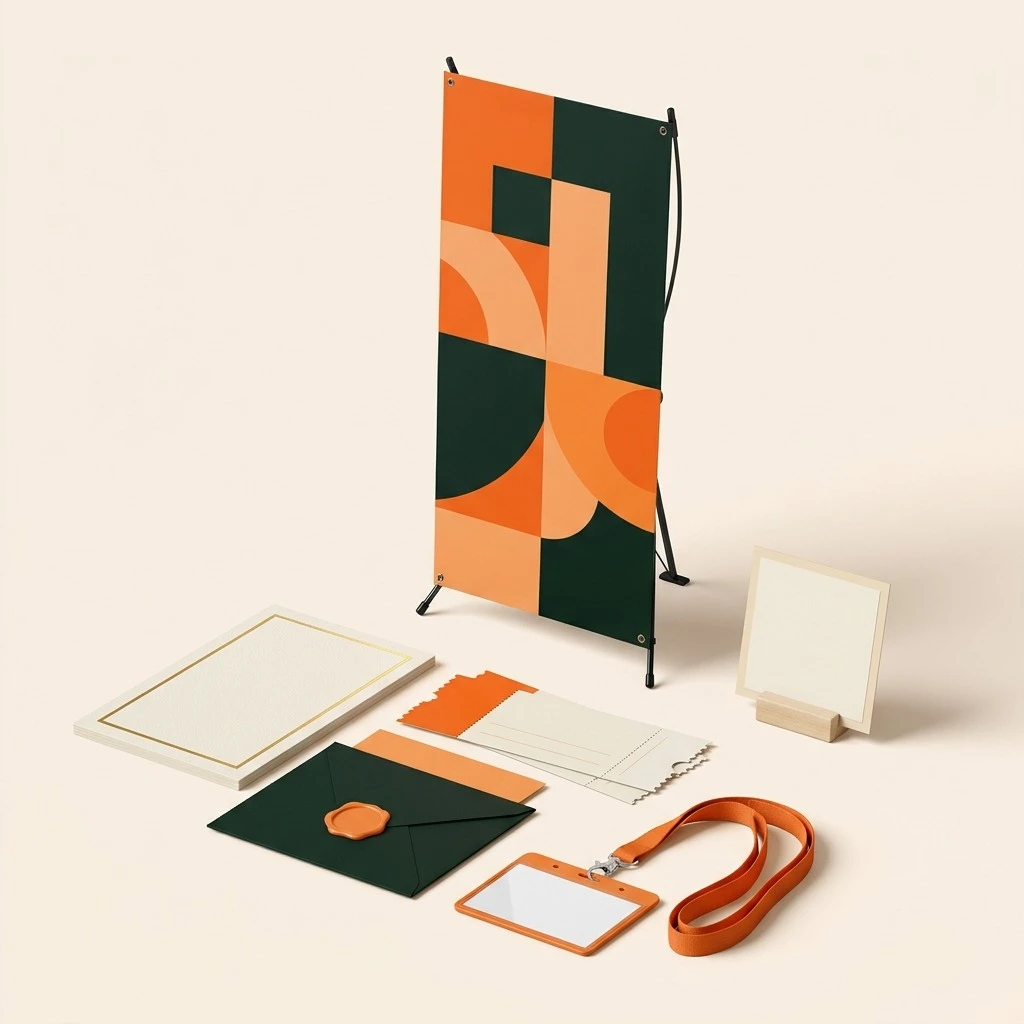 Event printing set with X-stand banner, wedding invitation and envelope, event tickets, name badge and table number card