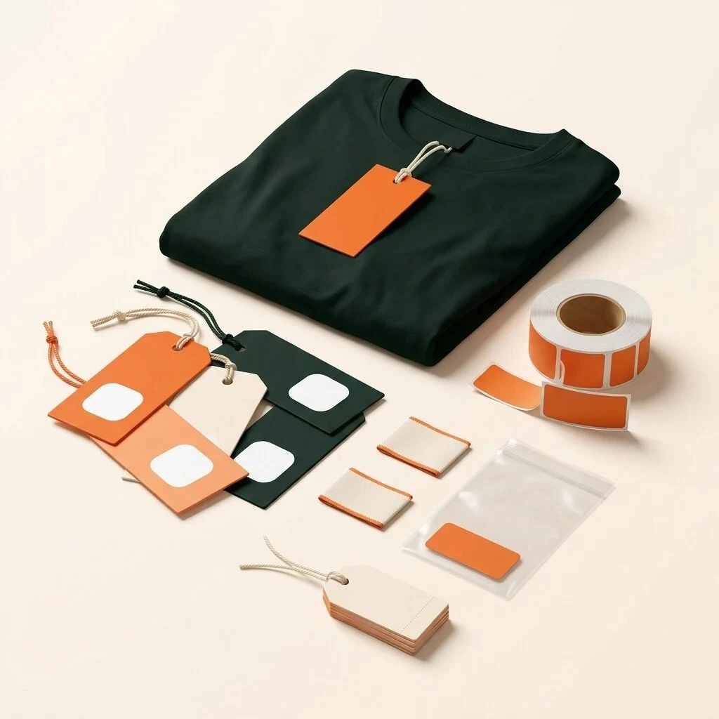 Garment accessories set with hang tags, adhesive labels, woven neck labels, polybag with size sticker and price tags on a folded t-shirt