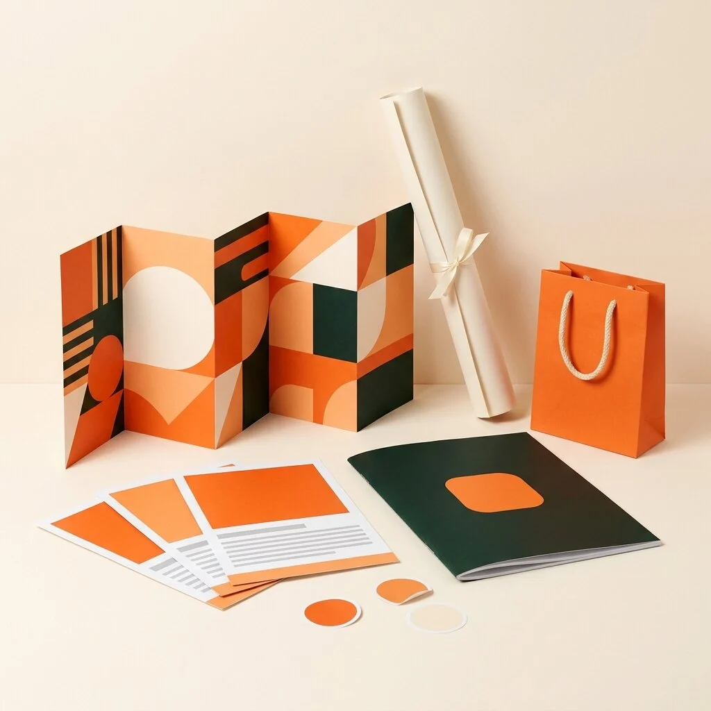 Marketing and promotional print set with tri-fold brochure, flyers, catalog booklet, rolled poster and paper shopping bag
