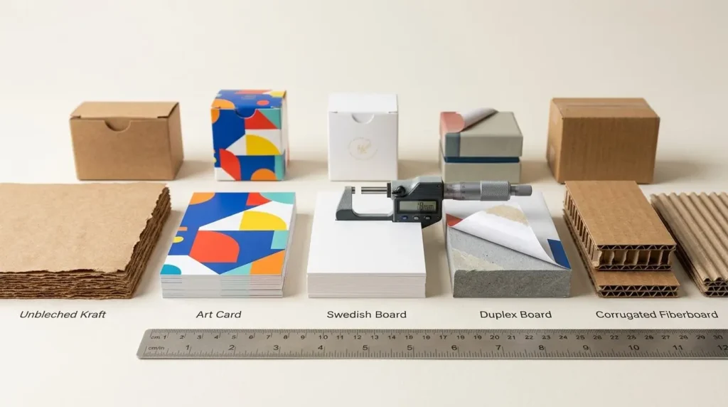 Cut samples of kraft paper, art card, Swedish board, duplex board and corrugated fiberboard beside boxes made from each